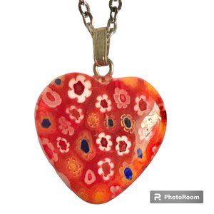 Orange Murano Glass Heart Necklace Millefiori Flowers Vintage Stainless Steel 18